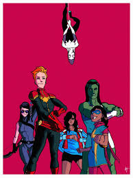 Who wouldn't want to be a young avenger? Carol Danvers Kamala Khan Kate Bishop America Chavez And Gwen Stacy Credit Goes To Artyomtopilin Marvel Girls Marvel Comics Captain Marvel Carol Danvers
