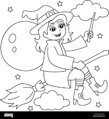 Witch Girl In A Broomstick Coloring Page for Kids Stock Vector Image & Art  - Alamy