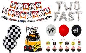 Hands down, one of the most popular 2nd birthday theme choices; Amazon Com 71 Pcs Two Fast Birthday Decorations Racing Car Theme Party Supplies Set Monster Truck Cake Topper Cupcake Toppers Happy Birthday Banner And Checkered Balloons Toys Games