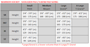Hockey Shoulder Pad Elbow Pad Size Chart Warrior