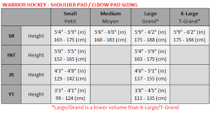 hockey shoulder pad elbow pad size chart warrior