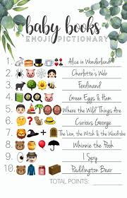 Baby Shower Emoji Pictionary Game With Answer Key Children S Book Titles Guessing Game Instant Printable In 2020 Childrens Books Baby Shower Virtual Baby Shower Ideas Pictionary