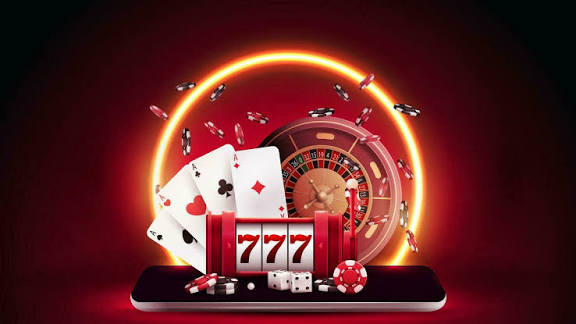 Online casino, red banner with slot machine, Casino Roulette, poker chips and playing cards on smartphone in red scene with orange neon ring on background. 27010356 Vector Art at Vecteezy