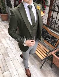 Italyan Stil Erkek Ceket Yelek Pantolon Yesil Kombin Takim Elbise T2304 Takim Elbise Erkek Moda Tarzlari Stil Erkek