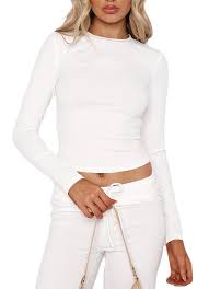 KMBANGI Women Crewneck Skinny Shirt Long Sleeve Basic Slim Crop T Shirts  Knit Ribbed Layer Tee Tops Fashion Streetwear(B Ribbed White,S) at Amazon  Women's Clothing store