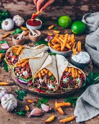 Vegan Jackfruit Wraps With Crispy Fries Bbq Jackfruit Jackfruit Pulled Pork Pulled Pork Burger