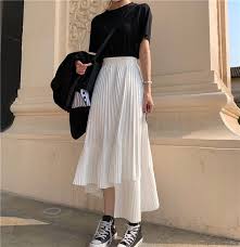 Black And White Pleated Skirt Outfit Pobblebonk Asymmetric Accordion Pleated Midi Skirt Yesstyle In 2020 Long Skirt Outfits Fashion Skirt Fashion