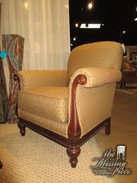 Second Of Two Currently Available This Thomasville Accent Chair Is Done In A Beautiful Gold Patterned Upholstery On Dark W Accent Chairs Chair Dark Wood Frames