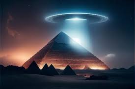 Illustrtion of egypt pyramid surrounded by magical light and smoke flying saucer ai | Premium AI-generated image