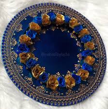 Royal Blue And Gold Floral Wedding Mehndi Thaal Charger Plate Etsy Floral Wedding Decorations Indian Wedding Decorations Receptions Mehndi Decor