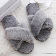 Open Toe Faux Fur Fluffy Slippers Gray Slippers Comfortable Work Shoes Open Toe