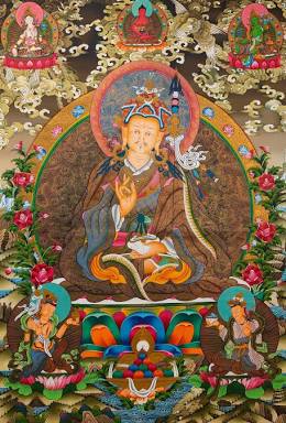 A traditional Tibetan thangka depicting Guru Rinpoche's classic iconography, AI generated