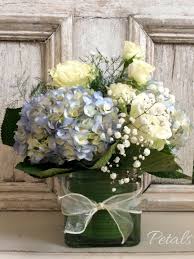 Simple flower arrangement with hydrangeas, roseland roses, variegated pitt and hanging amaranthus. Blue Hydrangea White Rose Bouquet Off 70 Buy
