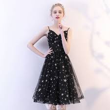 Modern Fashion Black Homecoming Graduation Dresses 2018 A Line Princess Spaghetti Straps Sleeveless Star Embroidered Knee Length Ruffle Backless Formal Dres Homecoming Dresses Black Cocktail Dress Knee Length Prom Dress