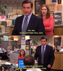 The Office Pam Taking Michael S Battery Out In Cafe Disco To Save The Entire Office From Some Agrivation The Office Show Office Jokes The Office