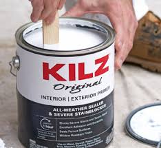 The original kilz blocks light to medium stains very well, and applies like a paint, and has some odor. Kilz Primers Paints Wood Care Concrete Stains