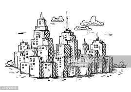 Black And White Cityscape Cartoon Hand Drawn Vector Drawing Of A Cityscape With Cartoon Skyscraper Doodle Art Posters Drawings Cartoon Building