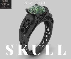 2 Carat Light Green Moissanite Mesh Design Skull Gothic Ring Skull Wedding Ring Black Diamond Ring Engagement Skull Engagement Ring