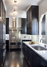 Above is an attractive tiny house kitchen gray upper cabinets and dark wood lower cabinets. Contemporary Dark Coloured Kitchens