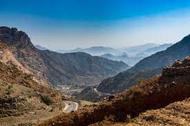 Saudi Arabia, Aerial view of Wadi Lajab canyon stock photo