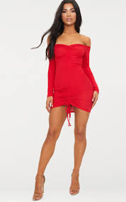 Xs xs s s m m l l xl xl. Red Ribbed Long Sleeve Bardot Ruched Bodycon Dress Prettylittlething