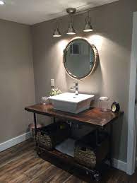 Small Basement Washroom Remodel Rustic Diy 2x4 Stained Wood Countertop With Pip Industrial Bathroom Decor Small Bathroom Dimensions Industrial Bathroom Vanity
