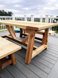 Diy Truss Beam Farmhouse Style Outdoor Table And Benches Restoration Hardware Inspired Diy Patio Table Outdoor Farmhouse Table Farmhouse Table Plans