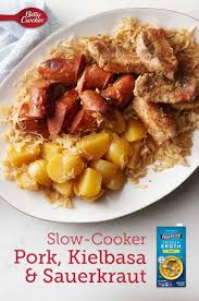 Slow Cooker Pork Sauerkraut And Kielbasa Recipe Recipes Saurkraut And Sausage Light Recipes
