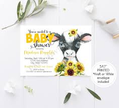 Custom Printed 5x7 Watercolor Sunflower Cow Baby Shower Invitation Girl Cow Sunflowers Baby Shower Invitation 1 00 Each With Envelope By Paper Monkey Company Catch My Party