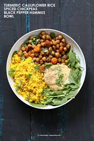 Spiced Chickpeas Turmeric Cauliflower Rice Buddha Bowl With Black Pepper Hummus Vegan Richa Recipe Whole Food Recipes Healthy Recipes Vegetarian Recipes