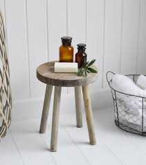 Industrial design side table made with repurposed scaffolding pipes, planks and old wood from scaffolds. Pawtucket Grey Round Wooden Stool Side Table Coastal Country Furniture