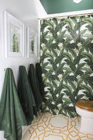 Modern Boho Bathroom Tropical Feel From The Green Banana Leaf Shower Curtain Hunter Green Towels Boho Bathroom Modern Boho Bathroom Tropical Bathroom Decor