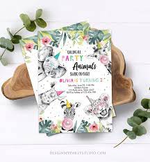 Editable Party Animals Birthday Invitation Wild One Animals Etsy Animal Birthday Invitation Animal Party Wild One Birthday Invitations
