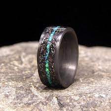 8 Mm Wide Comfort Fit Carbon Fiber Wedding Band With A 6 Mm Meteorite Shavings Inlay And A Blue Green 5 L Carbon Fiber Wedding Bands Opal Band Rings For Men