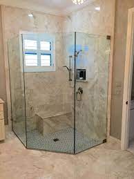 Love This Shower Idea With A Frameless Shower Door To Really Showcase The Beautiful Tile The Runs Up The Wa Corner Shower Master Bathroom Shower Small Bathroom