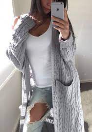 Gros gilet cardigan tricoté laine longue ouverte avec poches manches longues  femme mode gris - Cardigans - Chandails - Hauts