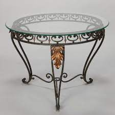 Handmade forged iron round glass coffee table. Italian Glass Top Table With Green Iron Frame And Gilt Metal Leaves Item 6774 Glass Top Table Iron Decor Wrought Iron Table
