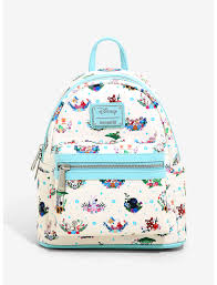 The front zipper pocket has a rainbow with a large mickey mouse head. Loungefly Disney Princess Companion Floral Mini Backpack Boxlunch Exclusive