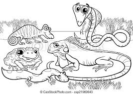 Frog life cycle a short printable shape book for early readers about the life cycle of a frog, with pages on the eggs, tadpole, tadpole with legs, froglet, and adult frog. Reptiles And Amphibians Coloring Page Black And White Cartoon Illustrations Of Funny Reptiles And Amphibians Animals Canstock