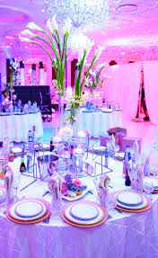 White Wedding With Dramatic Blue And Pink Uplighting White Wedding Reception White Wedding Uplighting Wedding Pink Wedding Receptions Bright Wedding Flowers