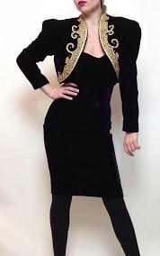 Vintage Night Way Black Velvet Dress Bolero Coat Gold Embroidered Holiday Cocktail Jacket Set By Bolero Dress Cocktail Jacket Black Velvet Dress