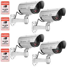 Fake Camera Fitnate Dummy Camera Cctv Surveillance System With Led Red Flashing Light With 4 Safety Warning Stickers Fake Security Camera For Outdoor Indoor Use 4 Packs Silver
