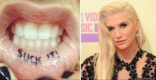 Celebrities such as miley cyrus have recently sported such tattoos inside the lip. Leave It To Ke Ha Inner Lip Tattoo Celebrity Tattoos Lip Tattoos