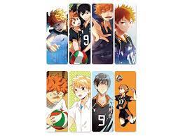 package of eight bookmarks with characters from haikyuu anime series eight plastic bookmarks with dimensions of 4 5 x 13 cm anime crafts haikyuu bookmarks