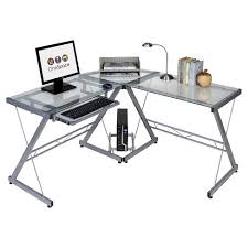 Clear and black are the most popular. Glass L Shaped Computer Desk With Keyboard Tray Silver Clear Onespace Target