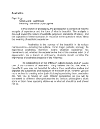 Aesthetics, also spelled esthetics, the philosophical study of beauty and taste. Philosophy 7 Lecture Notes 1 Aesthetics Etymology Greek Word Aisthetikos Meaning Sensitive Studocu