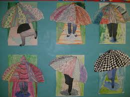 Last month 4th graders followed the lead of vintage collage artist denise fiedler (see her website here) to collage dogs from recycled newspaper and construction paper scraps. Awesome Art Projects 4th Grade Umbrellas Spring Art Projects Kids Art Projects Easter Art Project