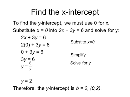 Subtract 4 4 from both sides of the equation. Find The X Intercept To Find The Y Intercept We Must Use 0 For X Substitute X 0 Into 2x 3y 6 And Solve For Y 2x 3y 6 2 0 3y Y Ppt Download