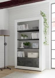 The clean white finish and modern design works. Como Two Door Four Shelf Bookcase White Gloss And Anthracite Finish Bookcases And Shelves