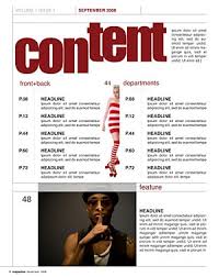 i really enjoy this table of contents because of the layout. it appears so  simple but there are meny design factors that you have to consider while  making this operational. the slight
